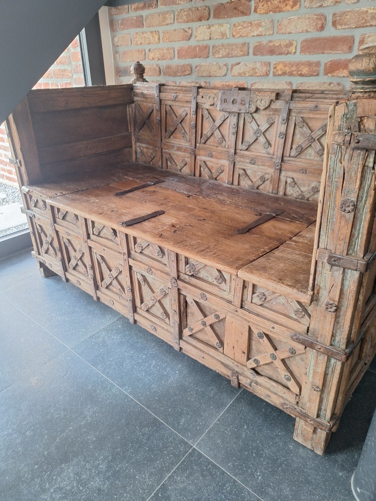 Banc coffre indien bois massif, Maison & Meubles, Enlèvement