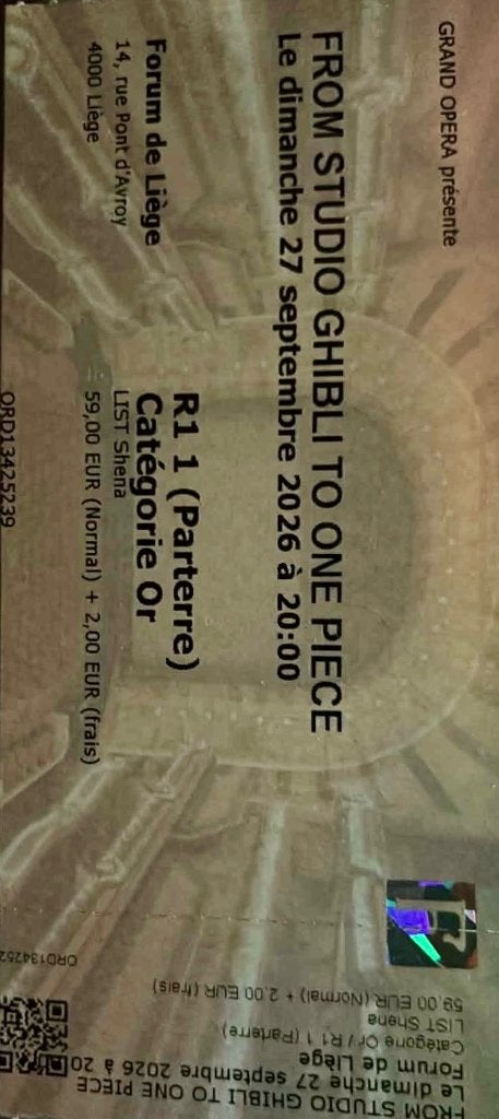 Billet de concert Ghibli One Piece, Tickets & Billets, Une personne, Septembre
