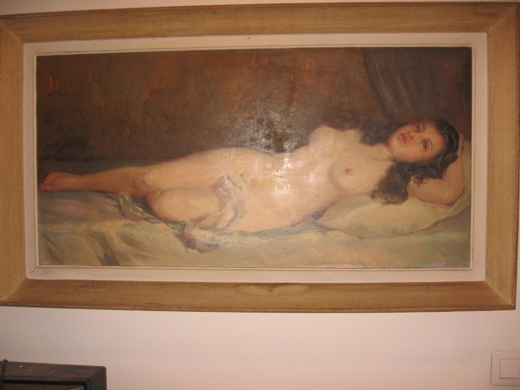 Tableau "Femme allongée nue"..., Peint à la main, Portrait ou Personnes, Peinture à l'huile, Enlèvement