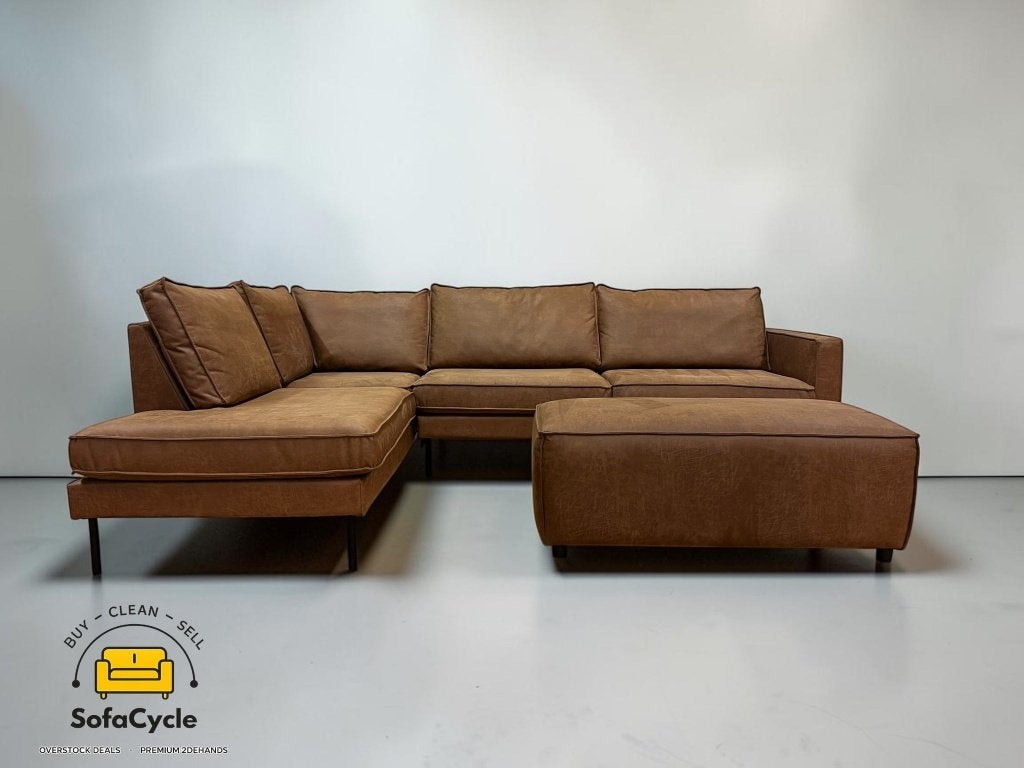 Fauteuil d'angle en microfibre cognac avec pouf, Enlèvement ou Envoi, SofaCycle VOF, Utilisé, Zonnestraat 223-229, 9600 Ronse, België