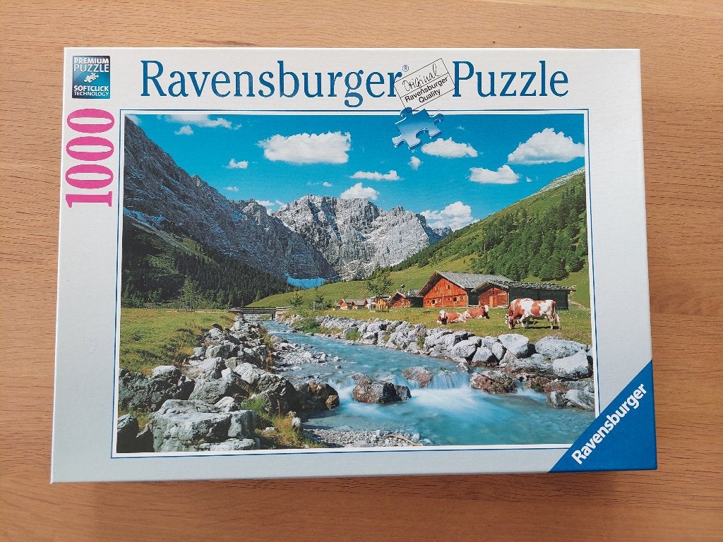 puzzel 1000 st - Ravensburger - Oostenrijk Karwendelgebergte, Ophalen of Verzenden, 500 t/m 1500 stukjes, Zo goed als nieuw, Legpuzzel