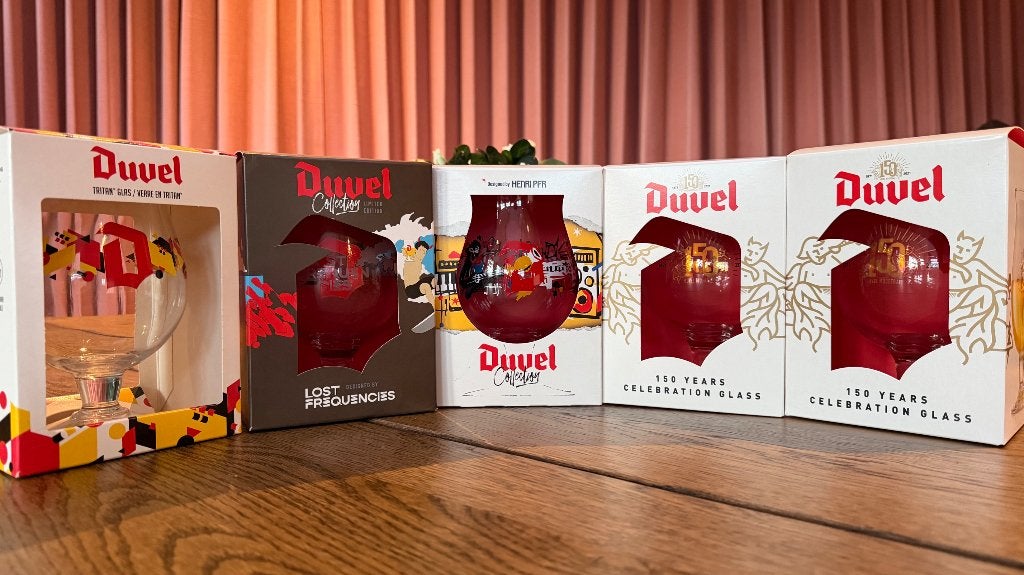 Set van 5 Duvel glazen (o.a. Lost Frequencies, Henri PFR), Ophalen, Nieuw, Glas of Glazen, Duvel