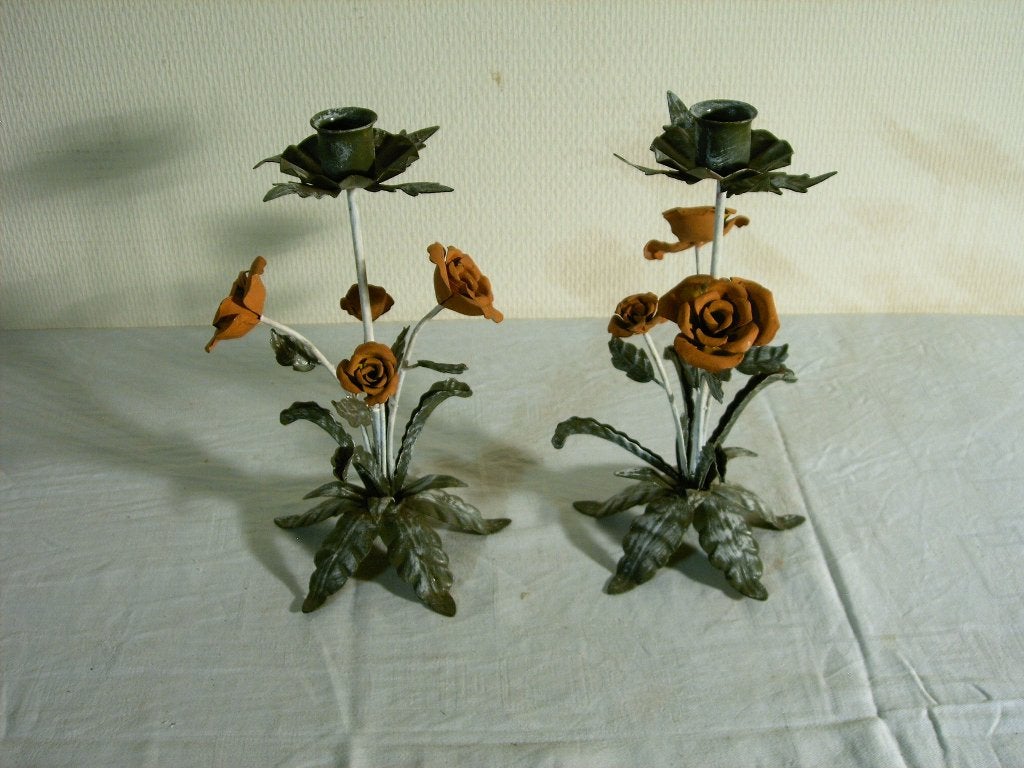 Vintage handgemaakte ijzeren rozenkandelaars., Antiek en Kunst, Ophalen of Verzenden