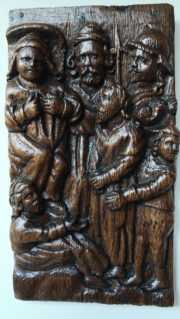 Panneau en bois sculpté avec Jésus et Caïphe - XVIe siècle, Statue, Bois, Enlèvement ou Envoi, Religion
