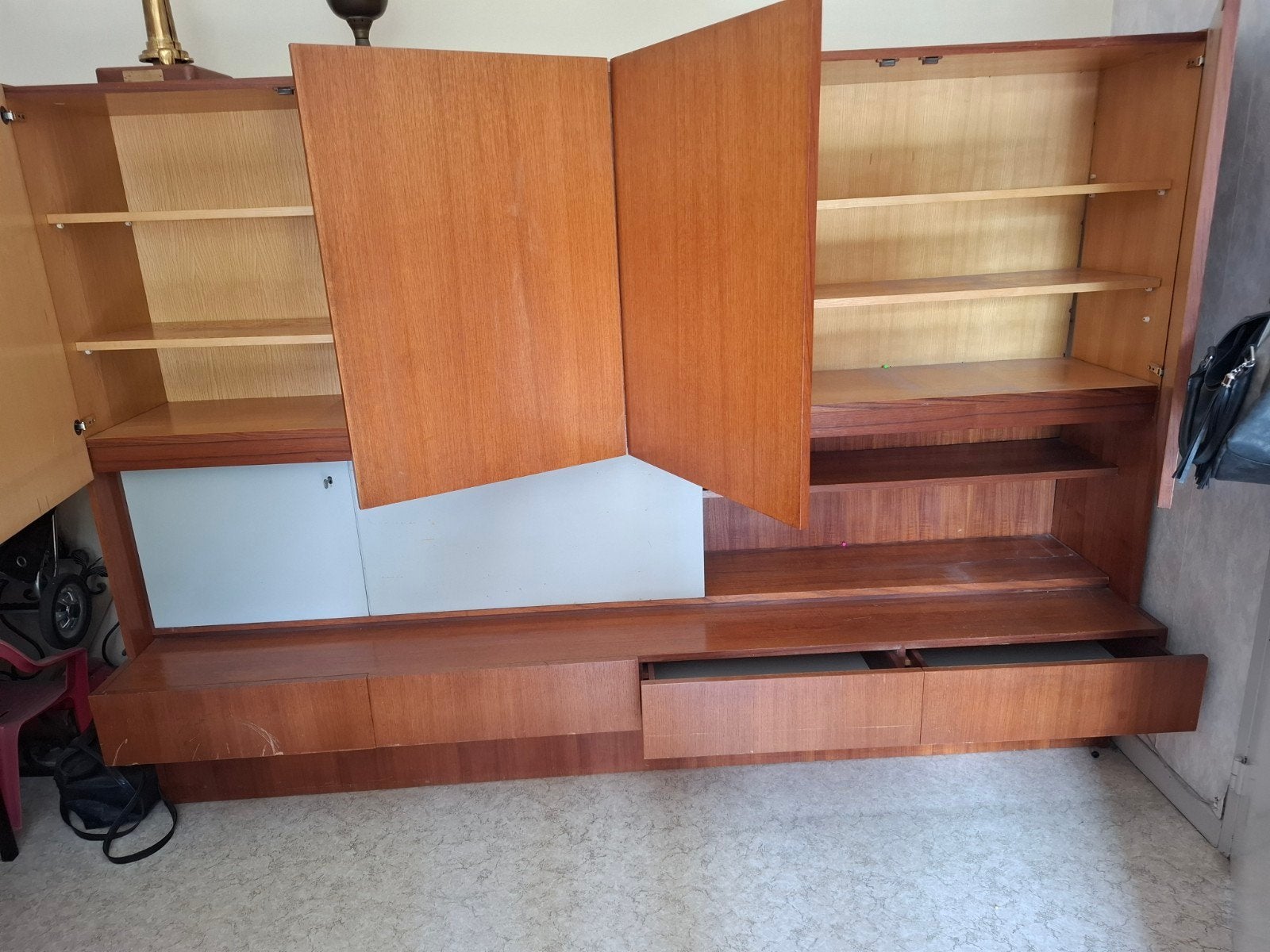 Grote wandkast, boekenkast in teakfineer, Huis en Inrichting, Ophalen, Gebruikt, 200 cm of meer, 150 tot 200 cm