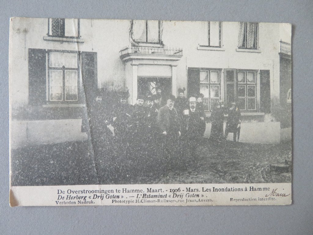 postkaart Hamme overstromingen 1906 Cafe Herberg Drij Goten, Ophalen of Verzenden, Voor 1920, Gelopen, Oost-Vlaanderen