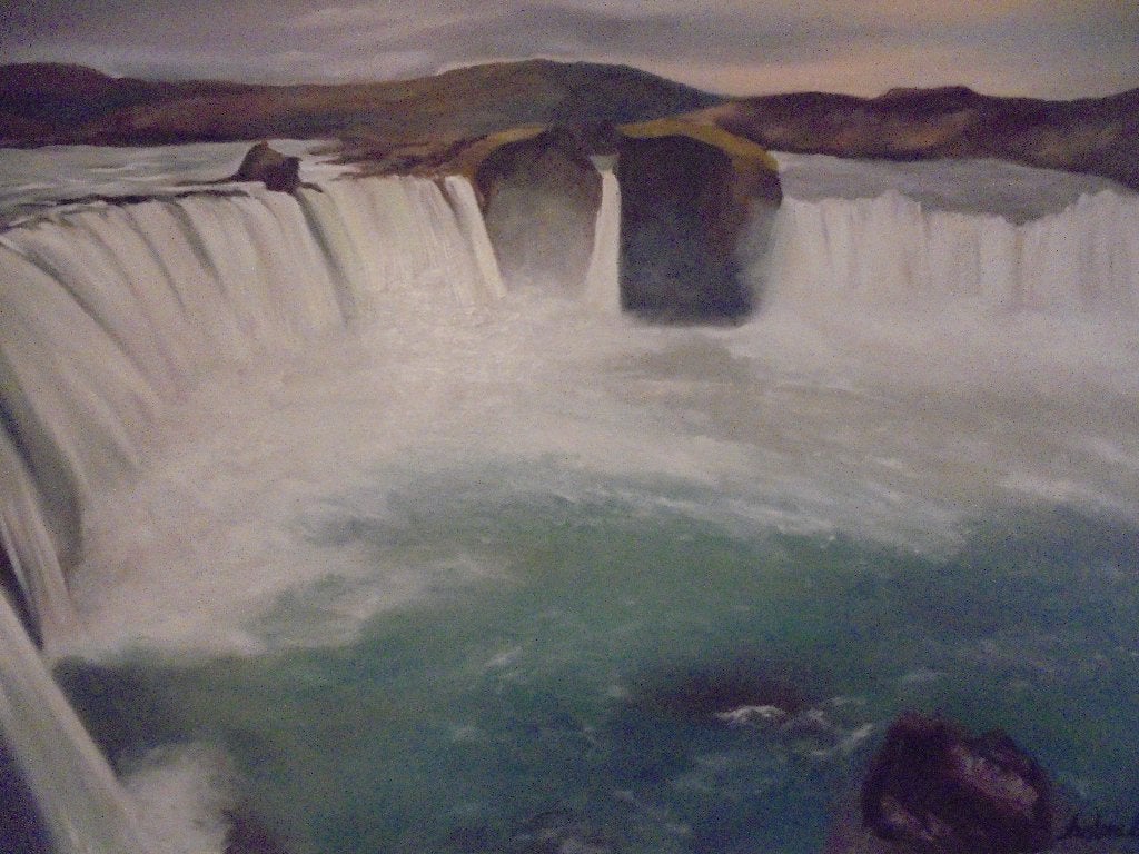 peinture à l'huile Godafoss (cascade d'Islande) 60x80cm, Enlèvement ou Envoi, Signé, Peinture à l'huile, Paysage