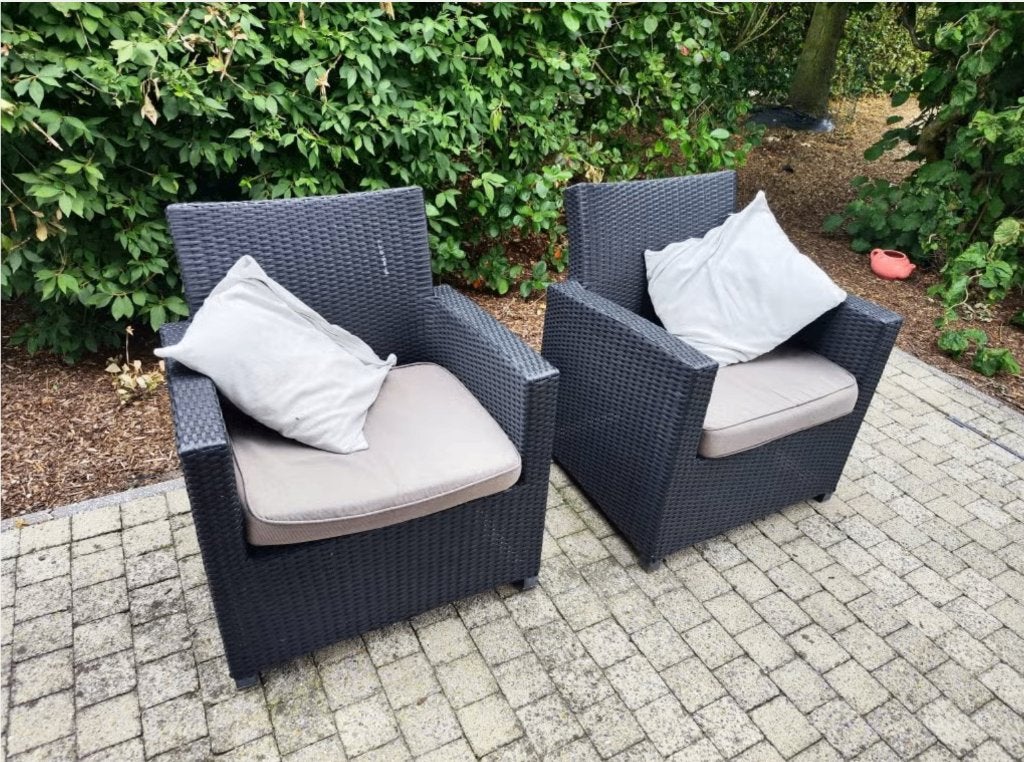 Set van 2 zwarte rotan loungestoelen, Tuin en Terras, Ophalen, Rotan
