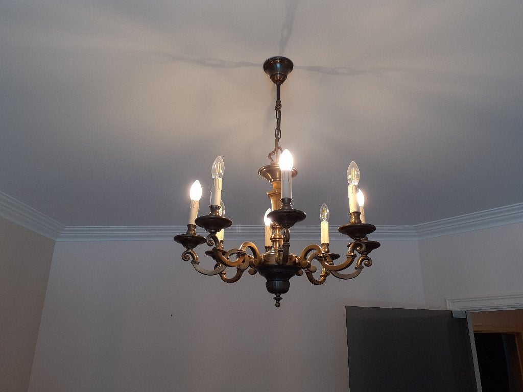 Lustre flamand classique — laiton massif, Maison & Meubles, Enlèvement ou Envoi, Utilisé, Métal, E14 (petit)