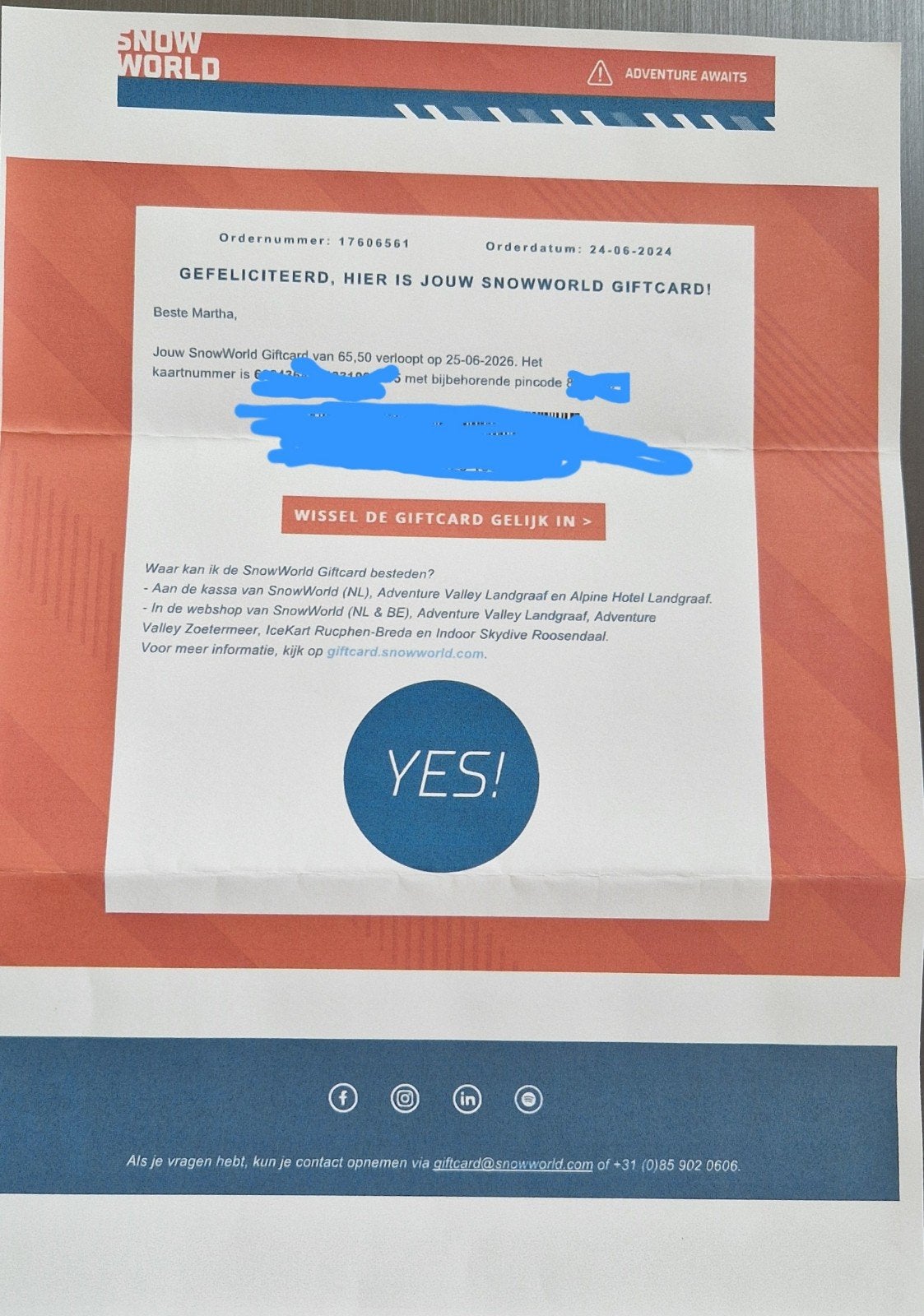 Carte cadeau Snowworld de 65,5€ valable jusqu'au 25/6/26, Tickets & Billets, Réductions & Chèques cadeaux, Bon cadeau, Autres types
