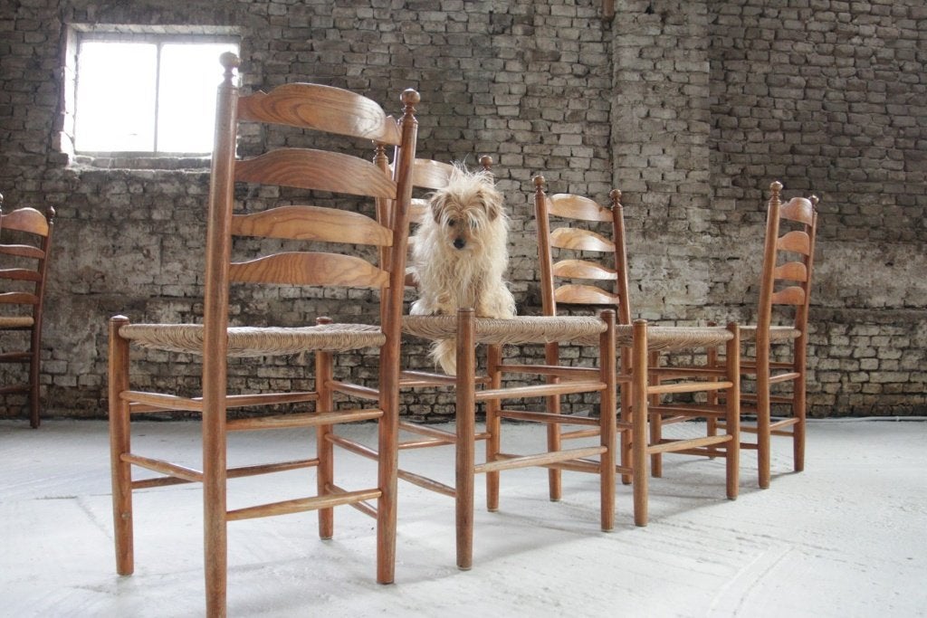4 oude Hollandse eiken ladderback stoelen biezen jaren 60, Ophalen