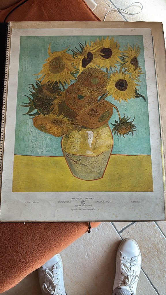 Vintage kunstreproductie van het schilderij Zonnebloemen, Antiek en Kunst, Ophalen of Verzenden