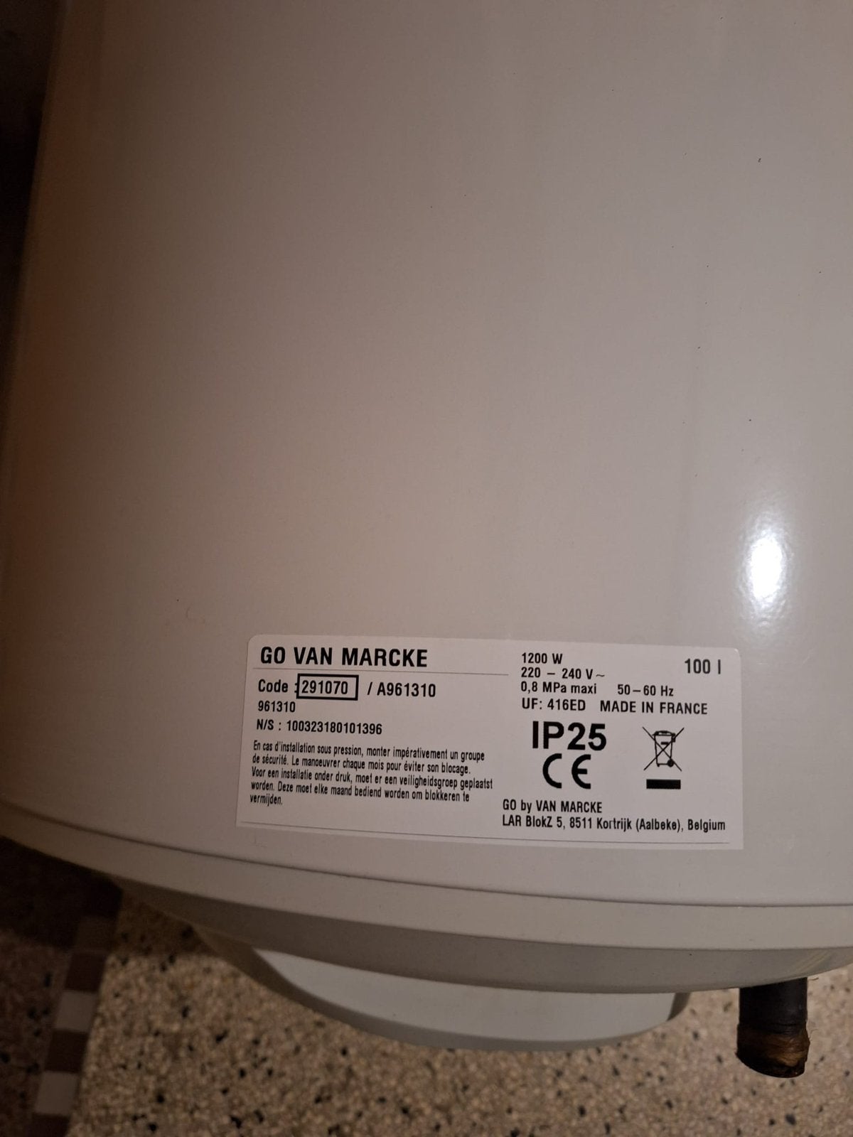 Boiler électrique GO by Van Marcke 100 L – 1200 W, Enlèvement, Comme neuf, Boiler