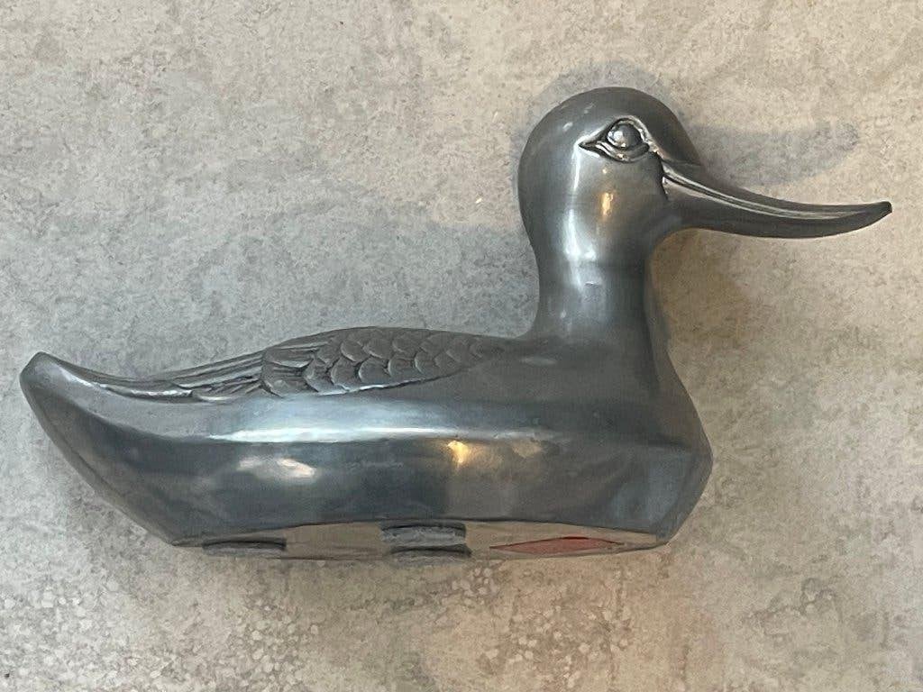 Grote tinnen eend met label, Antiek en Kunst, Antiek | Tin, Ophalen