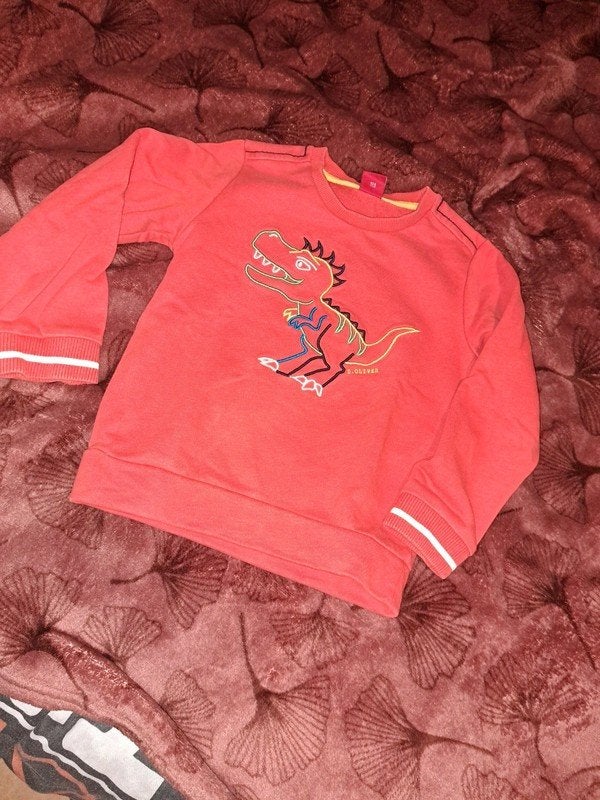 S.Oliver rode trui met dino 104/110, Enlèvement ou Envoi, Comme neuf, Garçon, Pull ou Veste