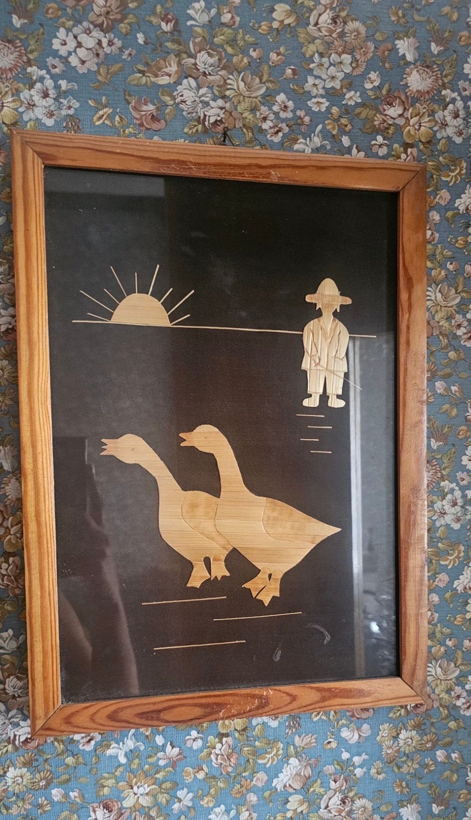 Tableau vintage en marqueterie de paille Artisanat Pologne, Antiquités & Art, Tableau, Verre