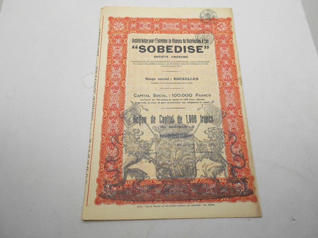 action "Sobedise "Entretien de reseau de distribution d'eau, Postzegels en Munten, Aandelen en Waardepapieren, Ophalen of Verzenden