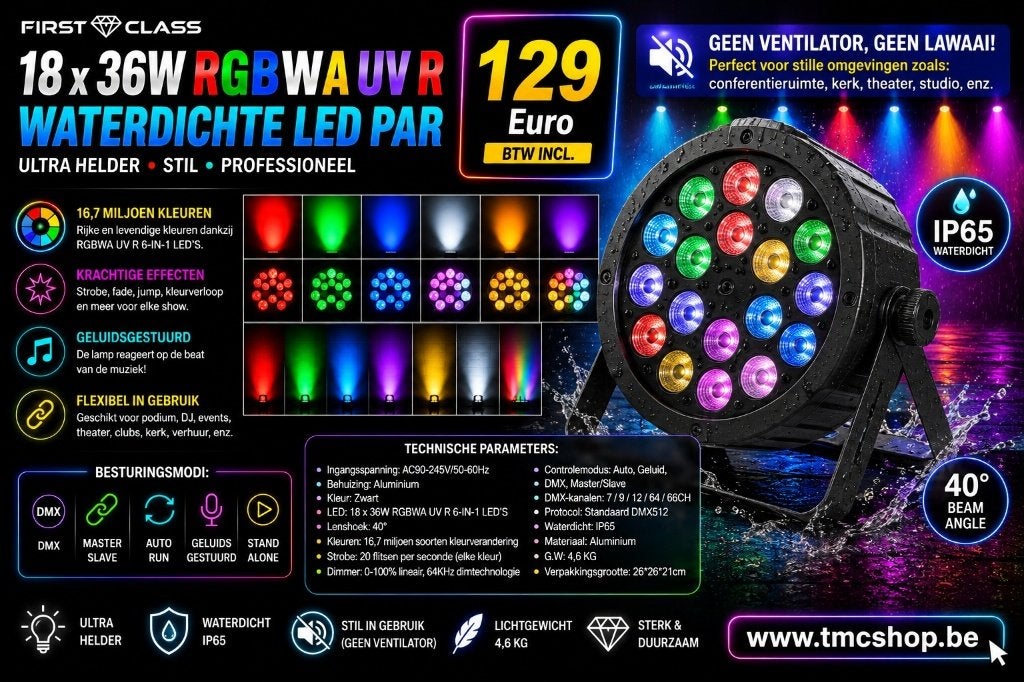 SUPERPROMO Nieuwe First Class 18 x 36W RGBWA UV R, Ophalen of Verzenden, Nieuw, Licht, Geluidgestuurd