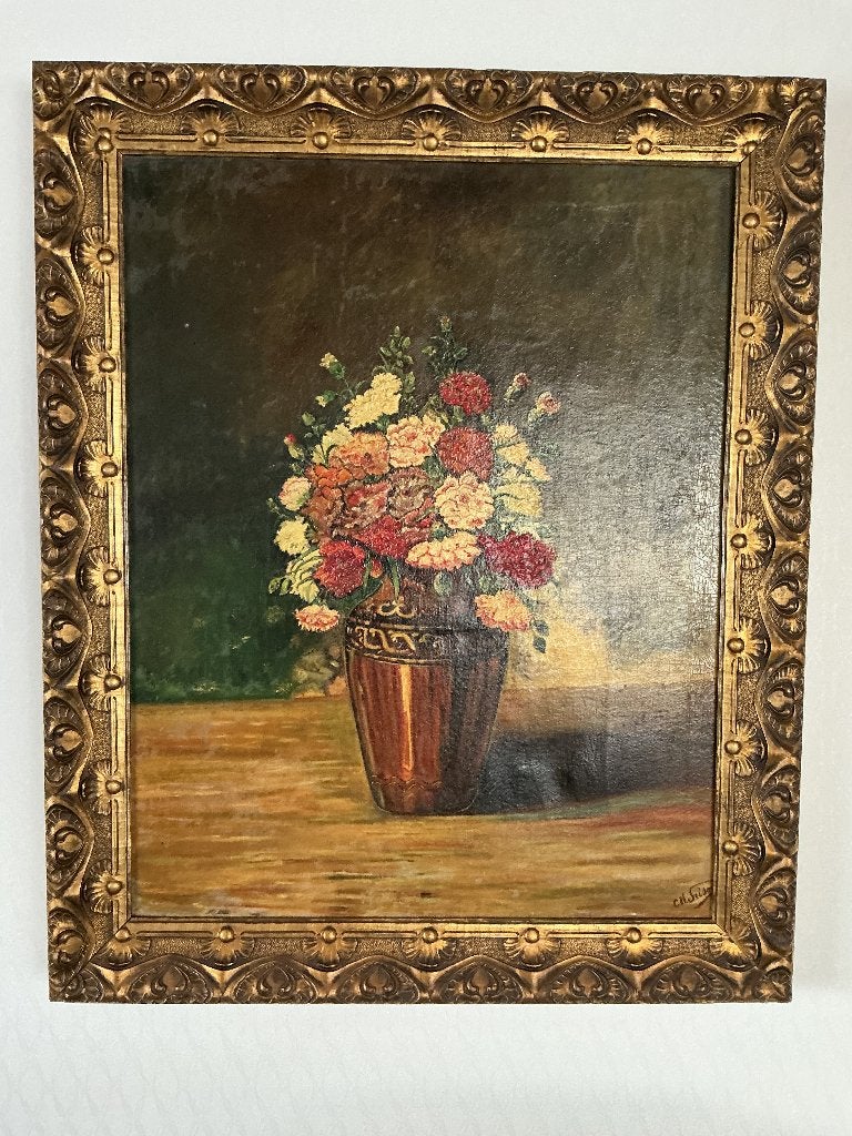 Schilderij stilleven bloemen, Antiek en Kunst, Doek, Olieverf, Klassiek, Ingelijst
