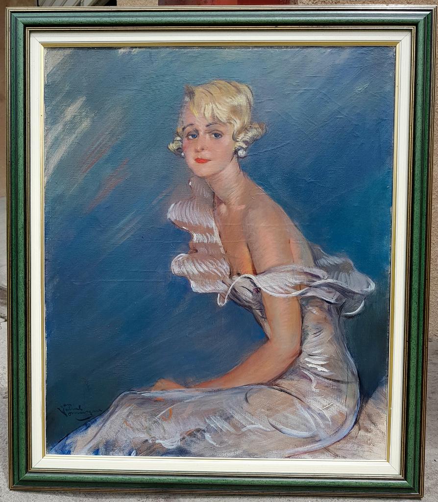 DOMERGUE - Prachtig schilderij - Portret van een vrouw, Verzenden