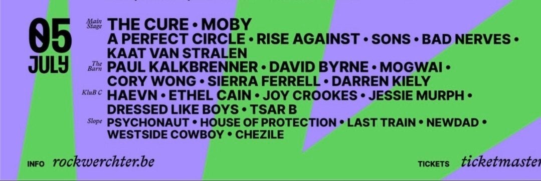 Twee tickets Rock Werchter 5 juli 2026 met The Cure Moby