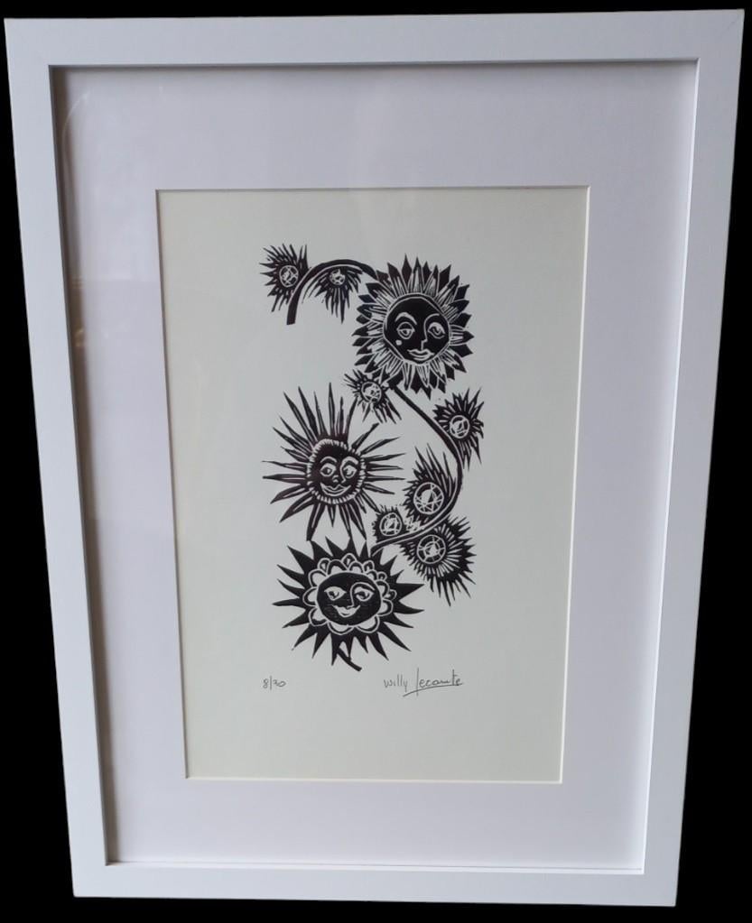 houtsnede Willy Lecomte "zonnebloemen"., Antiquités & Art, Art | Eaux-fortes & Gravures, Gravure sur bois, Signé, Enlèvement ou Envoi
