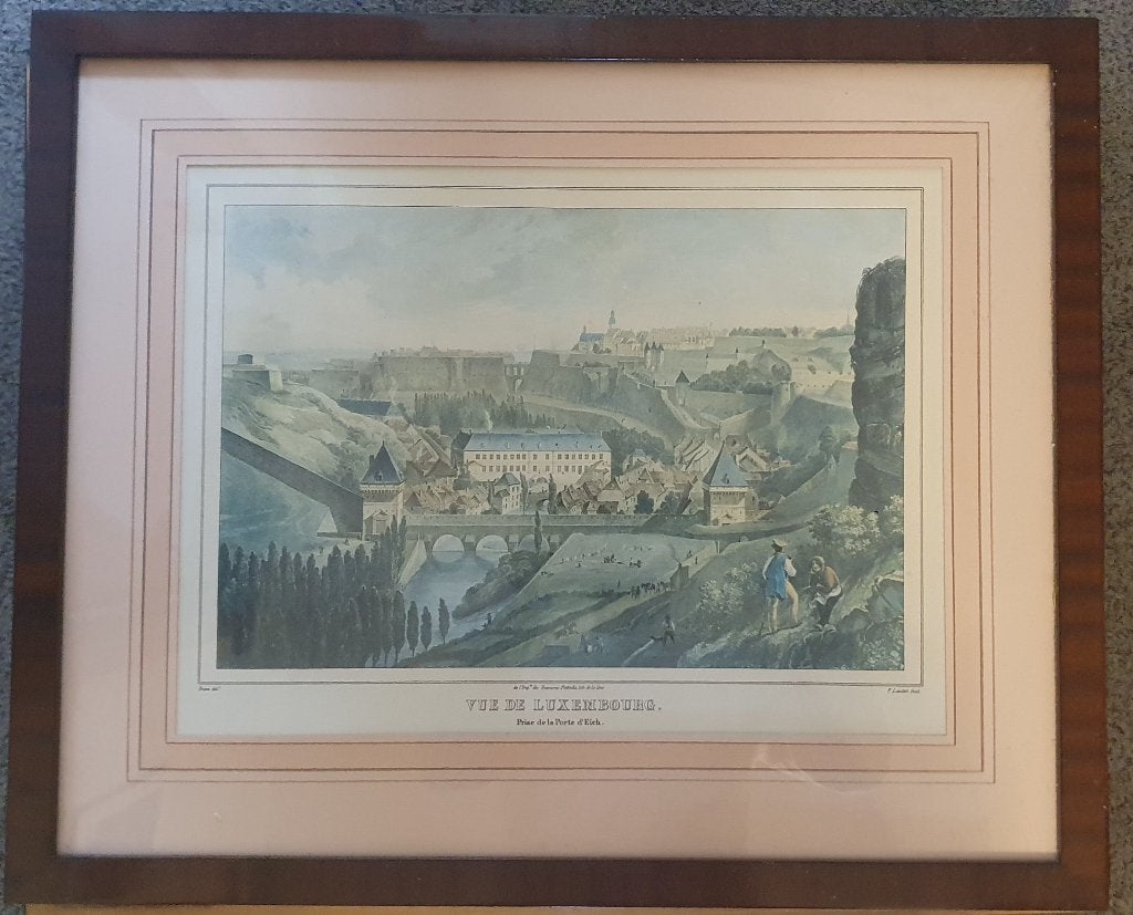 Cadre noyer Vue de Luxembourg 1814, Maison & Meubles, Enlèvement ou Envoi, 54 cm, Tableau, Comme neuf
