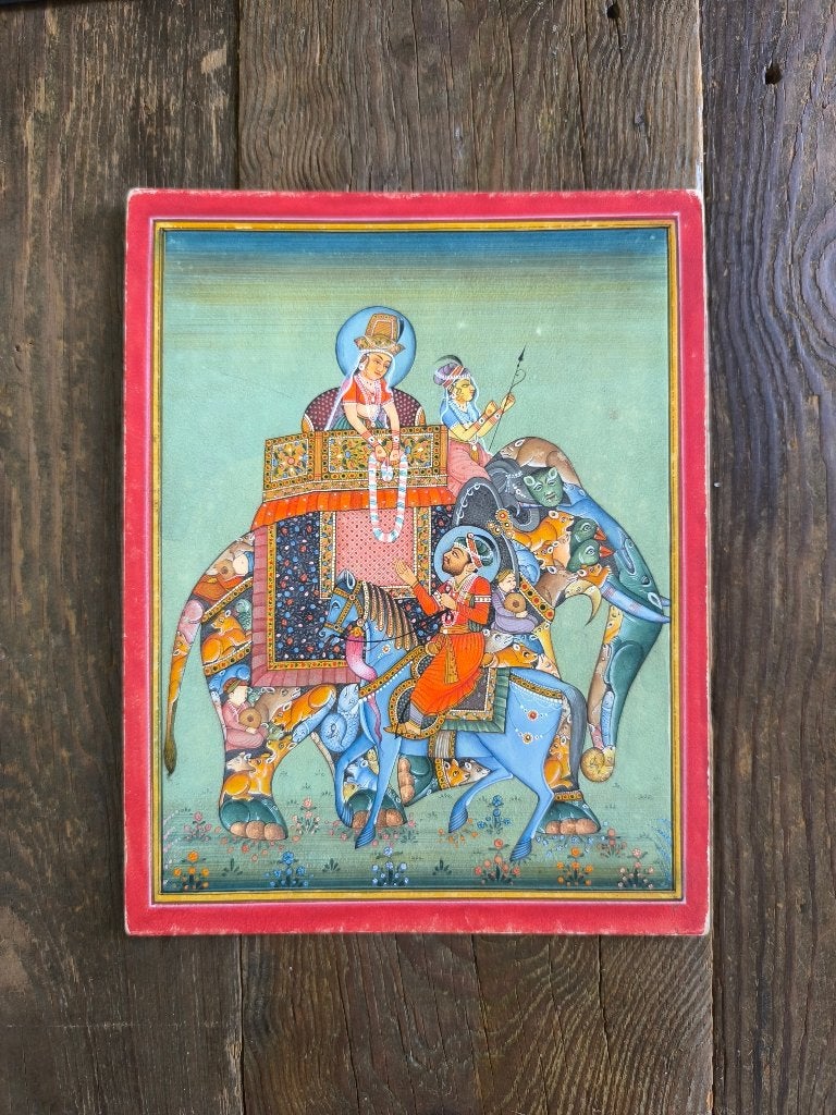 Indiaas miniatuurschilderij met olifant, Maharaja, 2006, Overige ondergronden, Dieren, Ophalen of Verzenden, Handgeschilderd