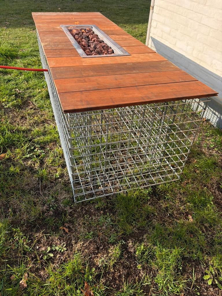 Vuurtafel in steenkorf + bamboe hout, Tuin en Terras, Ophalen, Nieuw