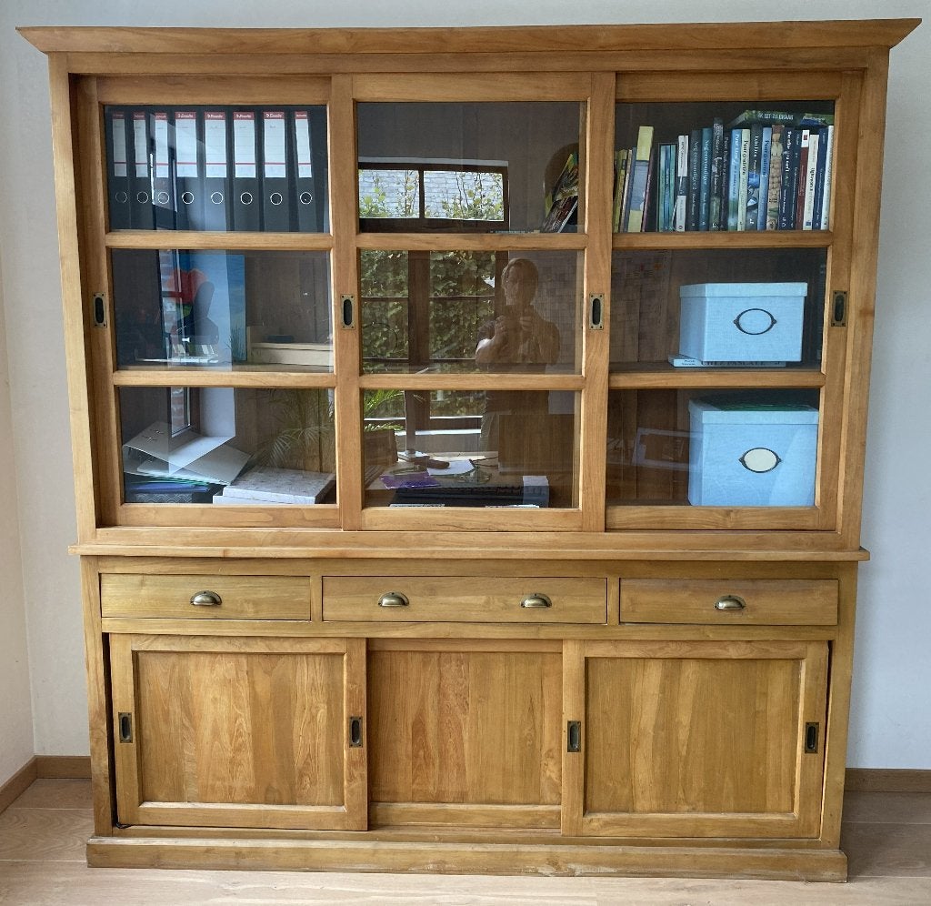 Massief teak vitrine kast Maisons du Monde, Huis en Inrichting, Ophalen, Gebruikt, Teakhout, Met lade(s)