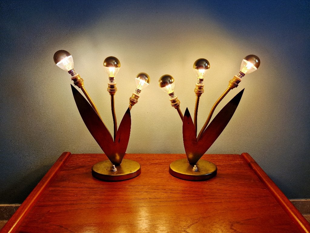 Paire de lampes florales en laiton, Mid-century, 1950, Enlèvement ou Envoi