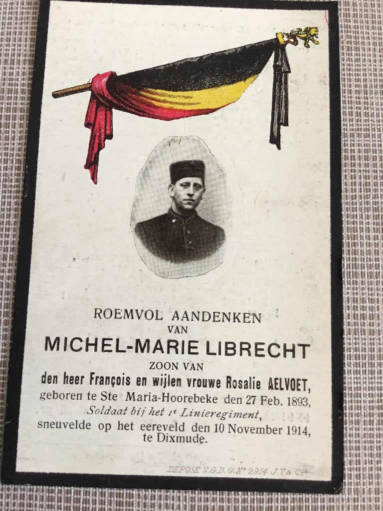 Soldat Librecht St.Maria Horebeke tué à Dixmude en 1914, Collections, Envoi, Image pieuse