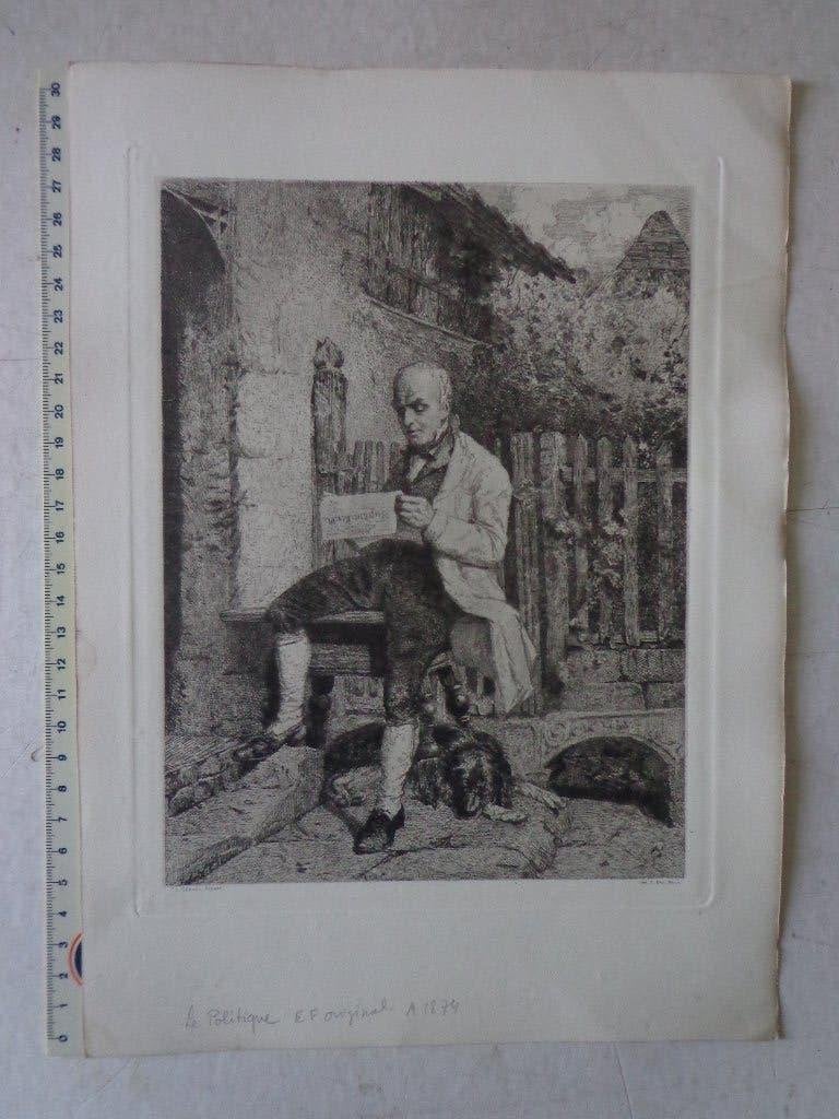 19de eeuwse ets Théodore Gérard "Le politique" uit 1874, Antiek en Kunst, Kunst | Etsen en Gravures, 1800 - 1899, Ets, Portret