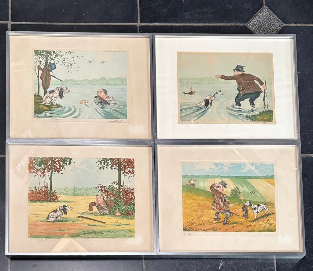 4 etsen/aquatints van Arthur Boris O'Klein - Hond jacht, Antiek en Kunst, Ophalen