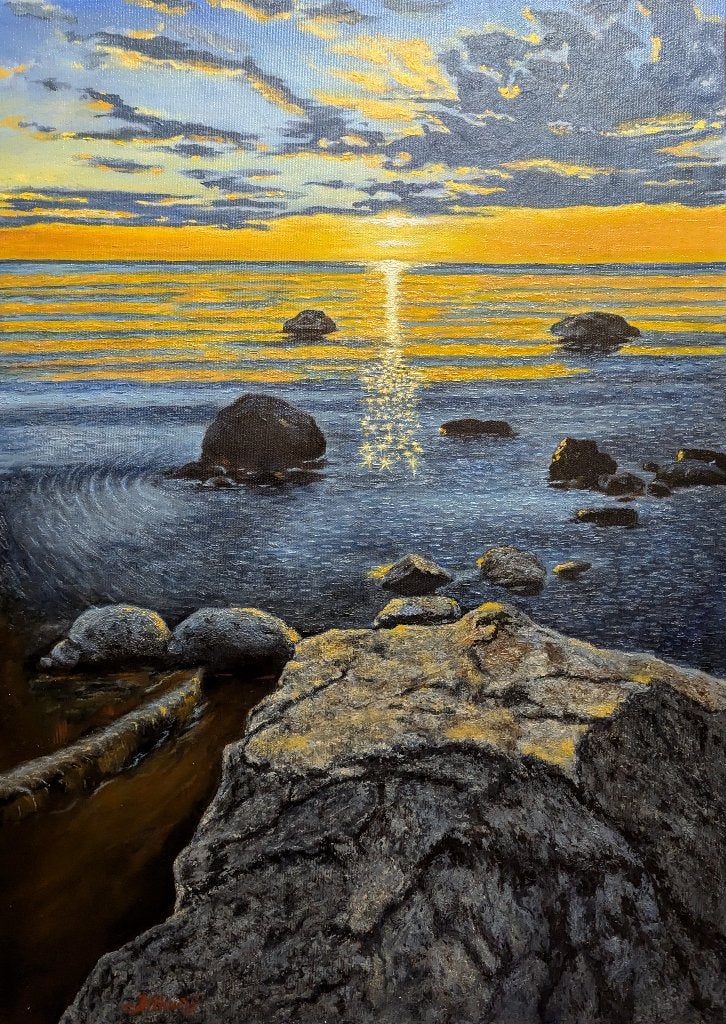 Grand tableau « Coucher de soleil en mer »., Textile, Peinture à l'huile, Paysage, Sur cadre en bois