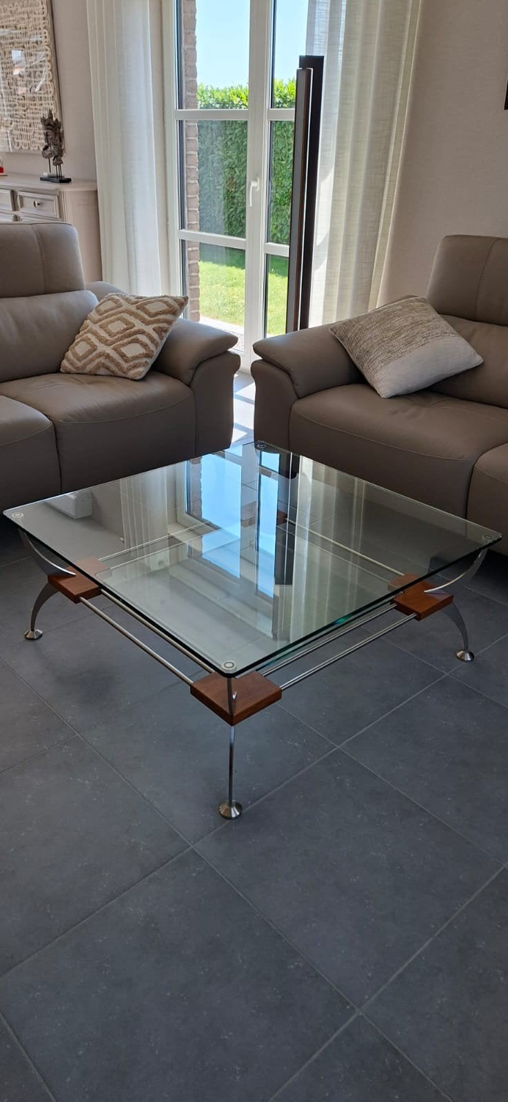 Moderne salontafel van inox en glas, Ophalen, 50 tot 100 cm, Vierkant, 50 tot 100 cm