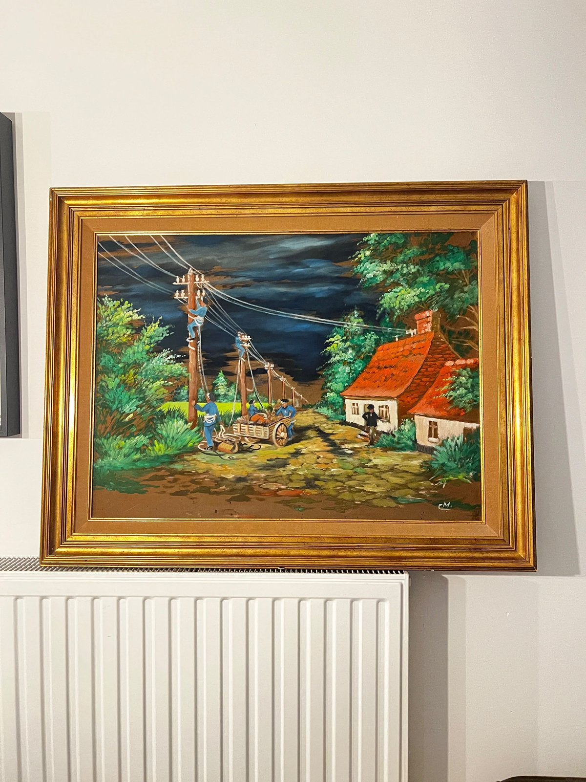 Peinture à l'huile nostalgique « Line Workers », Enlèvement, Signé, Peinture à l'huile, Toile