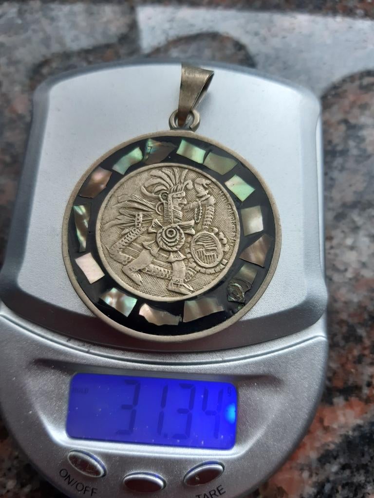 Pendentif maya en argent ancien avec onyx, Enlèvement ou Envoi, Argent, Argent