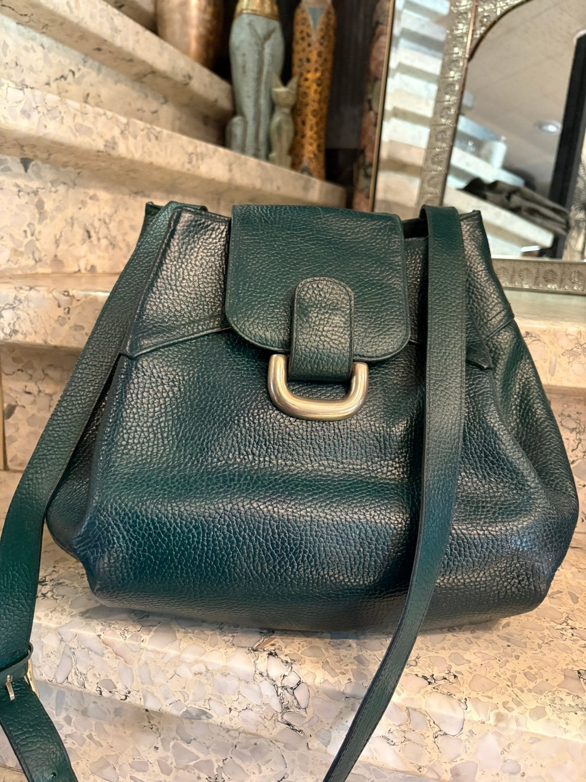 Vintage lederen pine green schouder-en crossover tas, Handtassen en Accessoires, Ophalen of Verzenden, Zo goed als nieuw, Leer