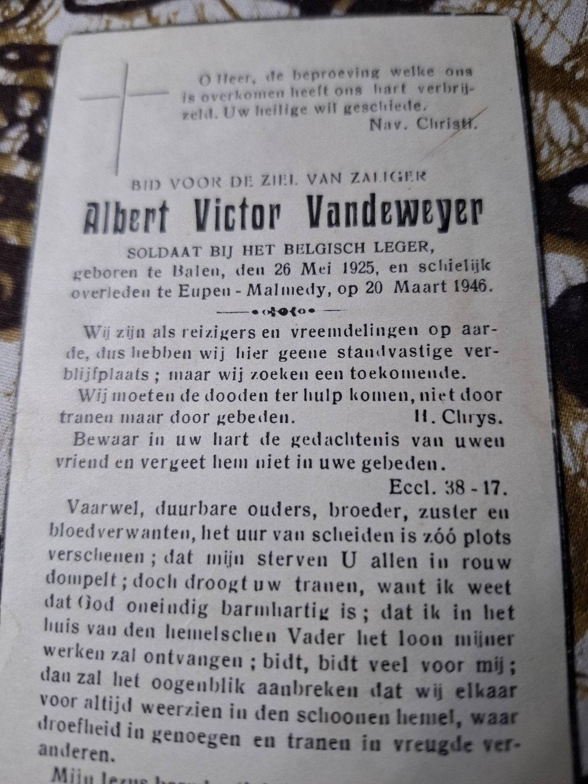 soldaat bij het Belgisch leger overleden 1946, Verzamelen, Ophalen of Verzenden