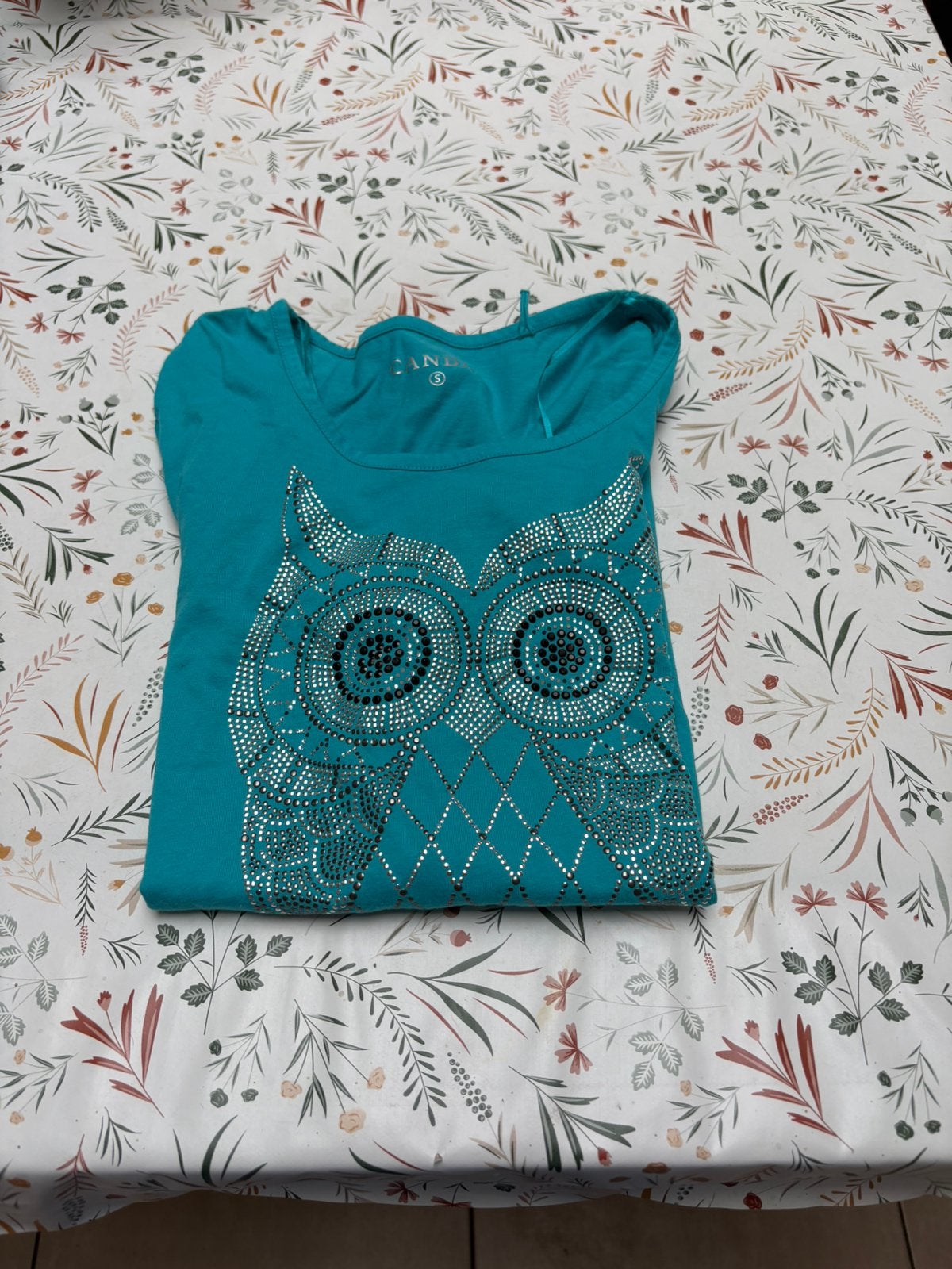T shirt driekwart mouwen met uiltje, Ophalen, Blauw, Lange mouw, Maat 36 (S)