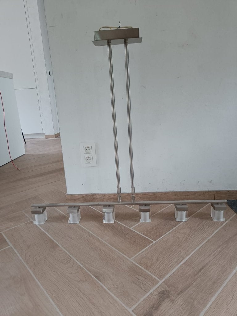 Moderne hanglamp met 6 lichtpunten – inox / mat glas, Ophalen, Gebruikt, Glas, Modern
