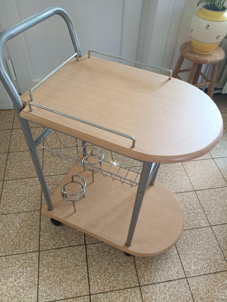 Desserte sur roulettes avec panier et porte bouteilles, Enlèvement, Bois
