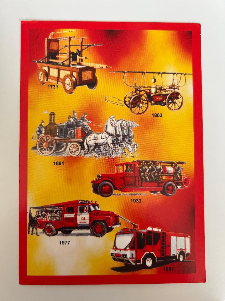 Postkaart Brandweer voertuigen 1731 tot 1987, Verzamelen, Ophalen of Verzenden, Nieuw, Auto's