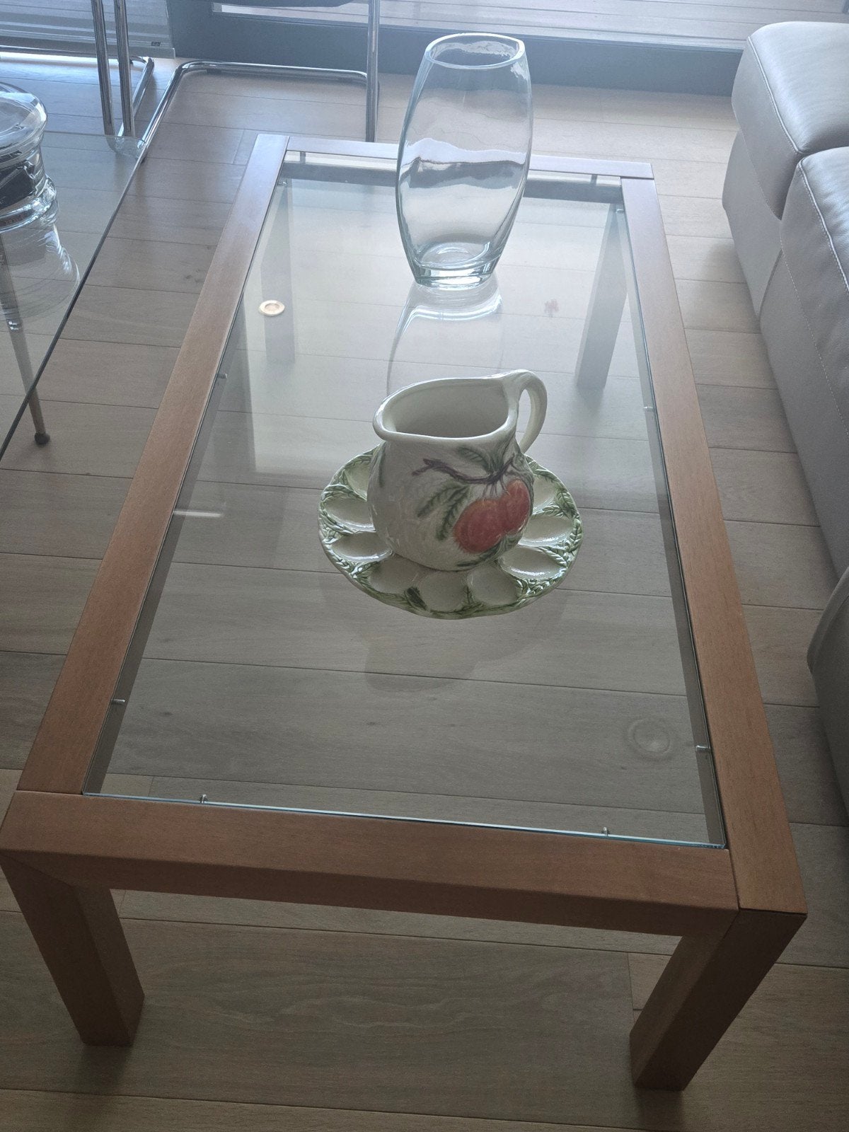 Belle table basse moderne, plateau bois et verre, état neuf, Maison & Meubles, Enlèvement ou Envoi, Rectangulaire, Cerisier, Modern