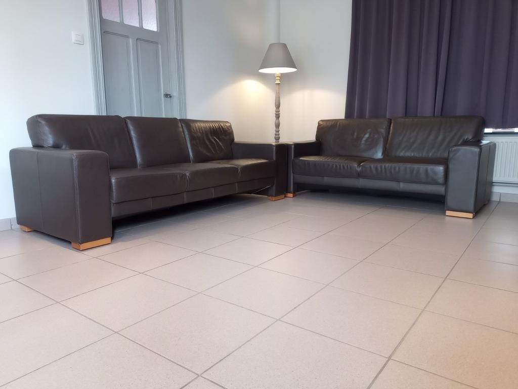 Lederen 3-zit + 2,5 zit. Donkerbruin., Huis en Inrichting, Ophalen, Gebruikt, Leer