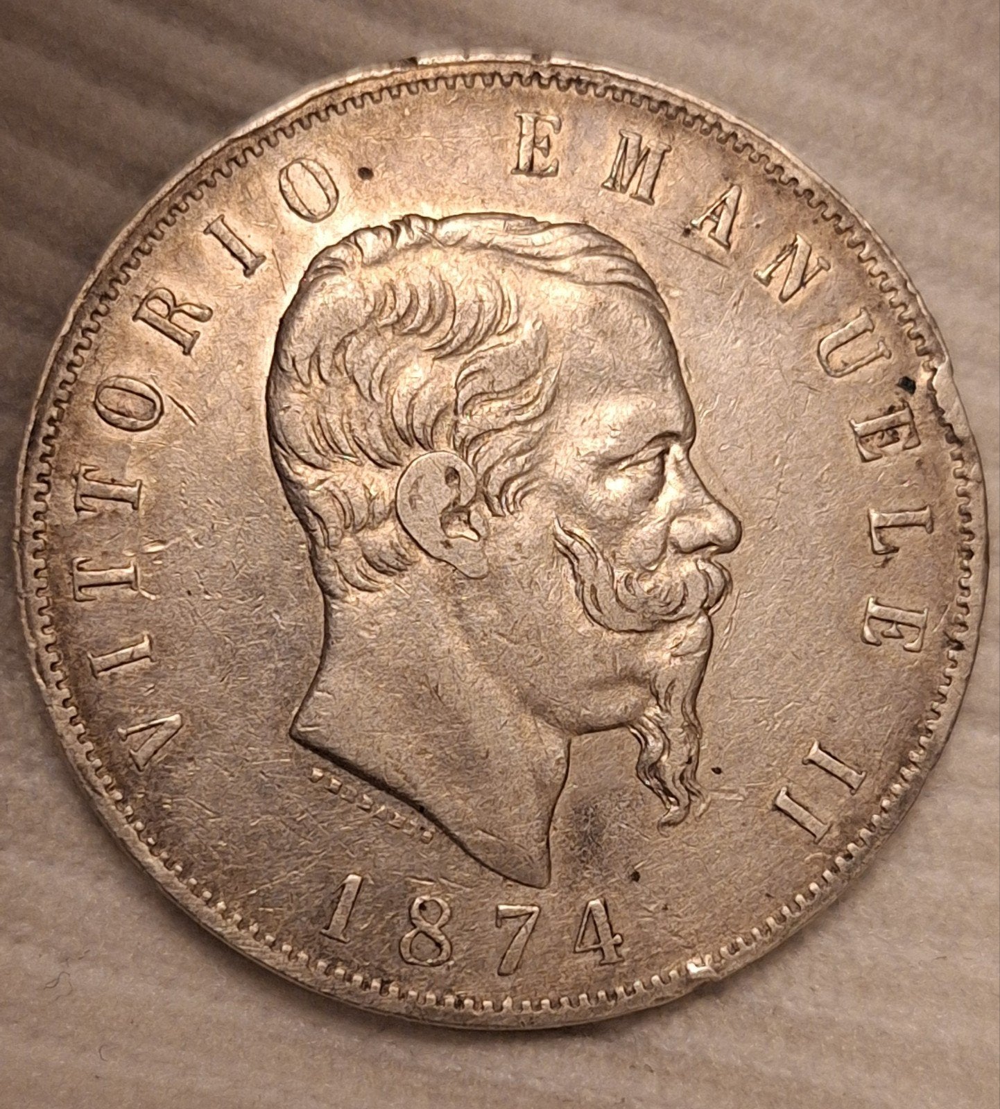 Zilveren 5 Lire 1874 M BN – Vittorio Emanuele II – Koninkrij, Ophalen of Verzenden, Italië, Losse munt, Zilver