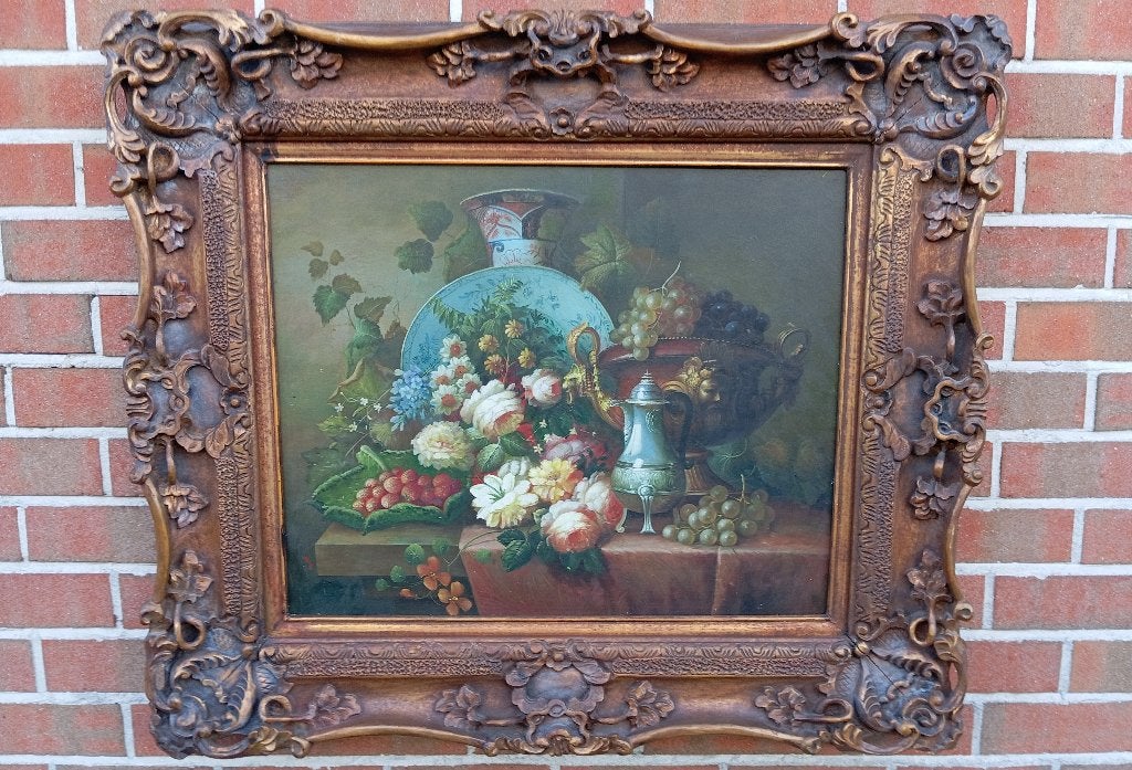 GROOT OUD SCHILDERIJ STILLEVEN BAROK KADER, Ophalen of Verzenden
