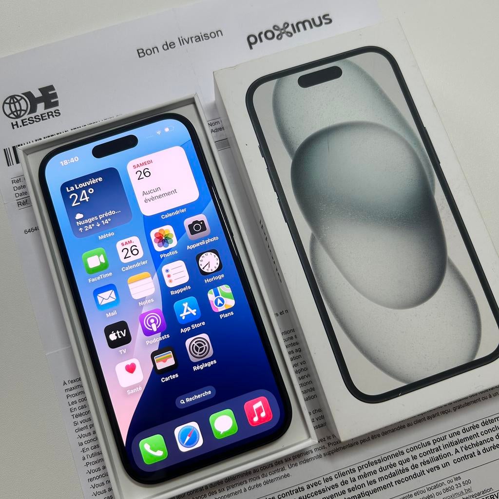 iPhone 15 boite et facture complet, Télécoms, Téléphonie mobile | Apple iPhone, Enlèvement, Comme neuf, IPhone 15