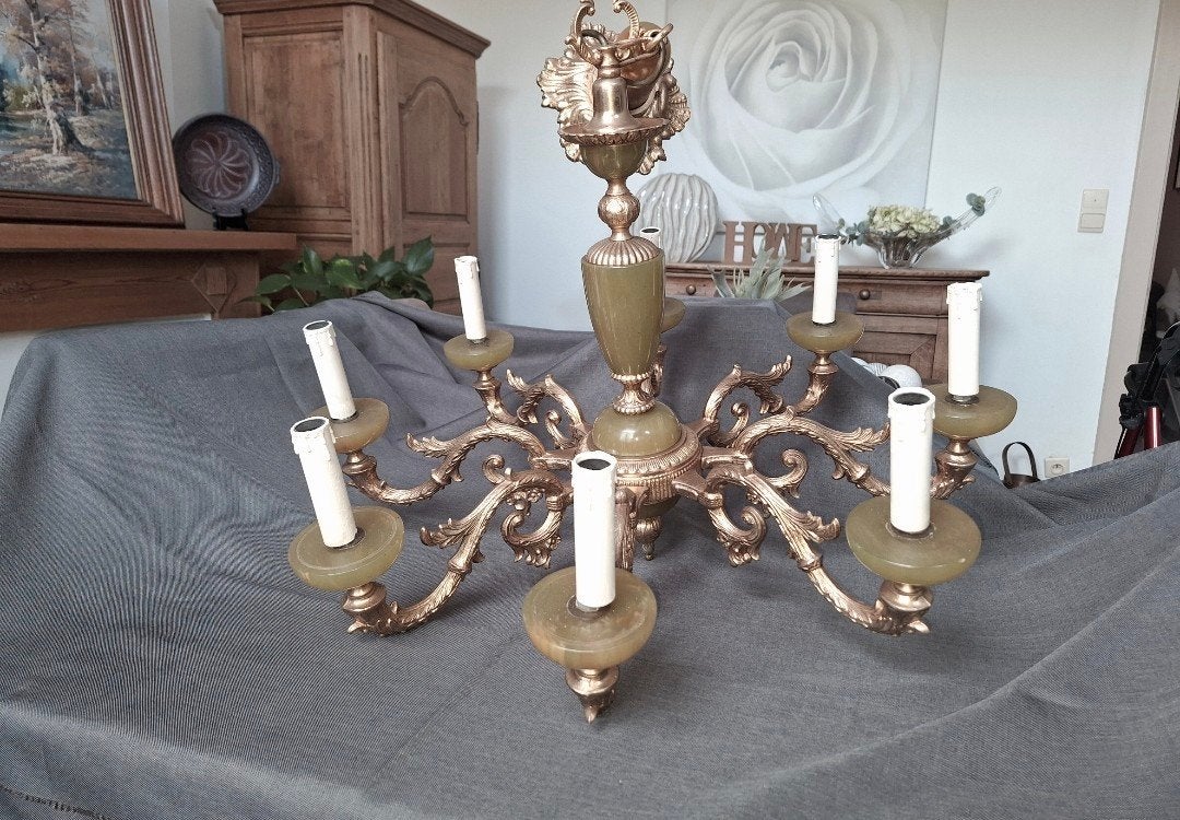 lustre en bronze doré et jade, Antiquités & Art, Enlèvement